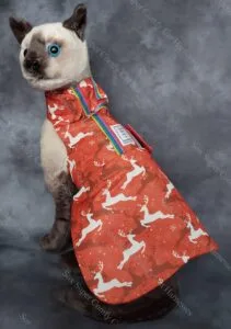 Red all seasons cat harness with a Christmas reindeer pattern. Shown with the bum attachment but not the hood.