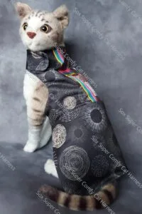 Black all seasons cat harness with a gold pattern. Shown with the bum attachment but no hood.